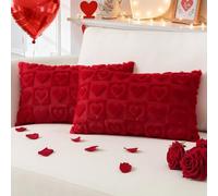 Sungeek Pack of 2 Valentine's Day Love Heart Cushion Covers 40x60 cm, Soft Plush Faux Fur Jacquard Throw Pillows Romantic Wedding Anniversary Decorative Pillow Cases for Sofa Couch, Red