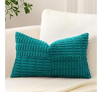 Sungeek Set of 1 Decorative Cushion Cover 30 x 50cm Soft Corduroy Striped Cross Patchwork Textured Pillow Case Boho Farmhouse Lumbar Throw Pillow Cover for Sofa Bed Patio 12x20 Inch, Teal