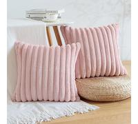Sungeek Set of 2 Blush Pink Faux Rabbit Fur Cushion Covers 55x55 cm, Soft Cozy Plush Striped Decorative Throw Pillow Covers 22x22 inch Velvet Square Pillowcases for Sofa Bedroom