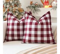 Sungeek Set of 2 Christmas Tartan Cushion Covers 40 x 40 Linen Decorative Buffalo Check Plaid Square Pillow Covers with Stitched Edge for Sofa Couch Bed Living Room 16x16 Inch (Red and White)