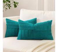 Sungeek Set of 2 Decorative Cushion Covers 30 x 50cm Soft Corduroy Striped Cross Patchwork Textured Pillow Cases Boho Farmhouse Lumbar Throw Pillow Covers for Sofa Bed Patio 12x20 Inch, Teal