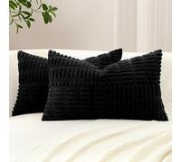 Sungeek Set of 2 Decorative Cushion Covers 30 x 50cm Soft Corduroy Striped Cross Patchwork Textured Pillow Cases Boho Farmhouse Lumbar Throw Pillow Covers for Sofa Bed Patio 12x20 Inch, Black