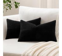 Sungeek Set of 2 Decorative Cushion Covers 30 x 50cm Soft Corduroy Striped Cross Patchwork Textured Pillow Covers Solid Lumbar Throw Pillow Cases for Sofa Bed Patio 12x20 Inch, Black