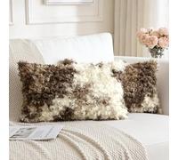 Sungeek Set of 2 Faux Fur Boucle Decorative Cushion Covers 30x50cm Soft Cozy Plush Throw Pillow Cases Velvet Lumbar Pillow Covers 12x20 Inch for Sofa Couch Bedroom Living Room, Beige Dark Brown