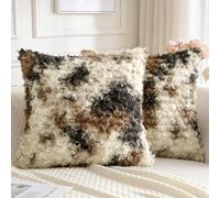 Sungeek Set of 2 Faux Fur Boucle Decorative Cushion Covers 60x60cm Soft Cozy Plush Throw Pillow Cases Velvet Square Pillow Covers 24x24 Inch for Sofa Couch Bedroom Living Room, Beige Brown Dark Grey