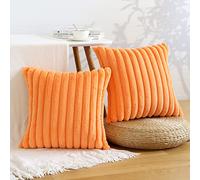 Sungeek Set of 2 Orange Faux Rabbit Fur Cushion Covers 40x40 cm, Soft Cozy Plush Striped Decorative Throw Pillow Covers 16x16 inch Velvet Square Pillowcases for Sofa Bedroom