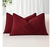 Sungeek Set of 2 Soft Chenille Cushion Covers 30x50cm Lumbar Decorative Throw Pillow Covers with Stitched Edge Solid Dyed Pillow Cases Covers for Home Decor Couch Sofa Bed Living Room, Dark Red