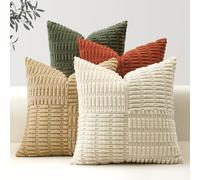 Sungeek Set of 4 Decorative Cushion Covers 50 x 50cm Soft Corduroy Striped Patchwork Boho Farmhouse Throw Pillow Cases, Fall Mix and Match Home Decor for Couch Bed Patio 20x20 Inch, Rust Olive-Green