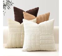 Sungeek Set of 4 Decorative Cushion Covers 55 x 55cm Soft Corduroy Striped Patchwork Boho Farmhouse Throw Pillow Cases, Mix and Match Home Decor for Couch Bed Patio 22x22 Inch, Brown Cream White