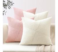 Sungeek Set of 4 Decorative Cushion Covers 55cm x 55cm Striped Corduroy Square Throw Pillow Covers with Invisible Zipper Pink Cream White Mix and Match Home Decor for Couch Sofa Bedroom Living Room