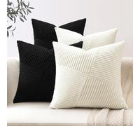 Sungeek Set of 4 Decorative Cushion Covers 55cm x 55cm Striped Corduroy Square Throw Pillow Covers with Invisible Zipper Black Cream White Mix and Match Home Decor for Couch Sofa Bedroom Living Room