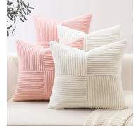 Sungeek Set of 4 Decorative Cushion Covers 55cm x 55cm Striped Corduroy Square Throw Pillow Covers with Invisible Zipper for Sofa Couch Living Room Bedroom Pink Cream White Mix and Match Home Decor