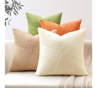 Sungeek Set of 4 Decorative Cushion Covers Soft Corduroy Boho Farmhouse Square Pillow Covers Mix and Match Throw Pillow Cases for Sofa Couch Bedroom Living Room 55x55cm, Green Orange