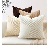 Sungeek Set of 4 Decorative Cushion Covers Soft Corduroy Boho Farmhouse Square Pillow Covers Mix and Match Throw Pillow Cases for Sofa Couch Bedroom Living Room 55x55cm, Brown Cream White