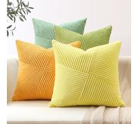 Sungeek Set of 4 Decorative Cushion Covers Soft Corduroy Boho Farmhouse Square Pillow Covers Summer Mix and Match Throw Pillow Cases for Sofa Couch Bedroom Living Room 60x60cm, Sage Green Yellow