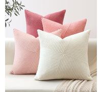 Sungeek Set of 4 Decorative Cushion Covers Soft Corduroy Boho Farmhouse Square Throw Pillow Cases Mix and Match Home Decor for Sofa Couch Bedroom Living Room 55x55cm, Cream White Pink