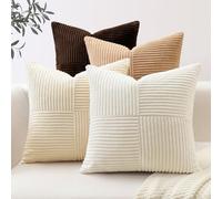 Sungeek Set of 4 Decorative Cushion Covers Soft Corduroy Mix and Match Throw Pillow Covers Boho Farmhouse Square Pillow Cases for Sofa Couch Bedroom Living Room 55x55cm, Brown Cream White