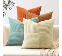 Sungeek Set of 4 Decorative Cushion Covers Soft Striped Corduroy Boho Square Throw Pillow Cases Fall Mix and Match Home Decor for Sofa Couch Living Room Bedroom Farmhouse 55x55cm, Orange Teal