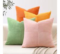 Sungeek Set of 4 Decorative Cushion Covers Soft Striped Corduroy Boho Square Throw Pillow Cases Mix and Match Home Decor for Sofa Couch Living Room Bedroom Farmhouse 55x55cm, Orange Pink