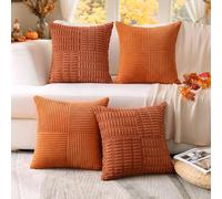 Sungeek Set of 4 Fall Decorative Cushion Covers 40 x 40 cm Corduroy Striped Cross Patchwork Textured Throw Pillow Covers Square Autumn Home Decor for Sofa Couch Bed Farmhouse Patio, Rust