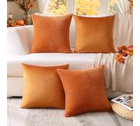 Sungeek Set of 4 Fall Orange Cushion Covers 40x40cm Soft Velvet Corduroy Striped Cross Patchwork Textured Rust Throw Pillow Covers for Sofa Couch Bed Farmhouse Patio Autumn Home Decor