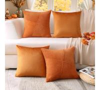 Sungeek Set of 4 Fall Orange Cushion Covers 45x45cm Soft Velvet Corduroy Striped Pinwheel Patchwork Textured Rust Throw Pillow Covers for Sofa Couch Bed Farmhouse Patio Autumn Home Decor