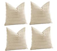 Sungeek Set of 4 Soft Corduroy Decorative Cushion Covers 55x55cm Square Striped Throw Pillow Covers 22x22 Inch for Sofa Couch Living Room Patio Farmhouse Boho Home Decor Pillowcases (Cream)