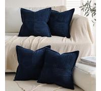 Sungeek Soft Corduroy Cushion Covers Set of 4, Boho Striped Patchwork Throw Pillow Covers Modern Broadside Decorative Pillowcases with Invisible Zipper for Sofa Couch Living Room 45x45cm Navy Blue