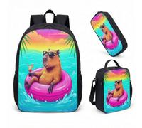 Sunglasses Capybara Pool Float 17 Inch Backpack 3 Piece Set, Summer Vibes Tropical School Bag for Kids Teens (01)