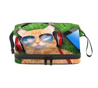 Sunglasses Cat Wearing Headphone Relax Laying in The Grass Double Layer Cosmetic Bag for Women and Girls, Travel Toiletry Bag Makeup Handy Pouch Organiser Bag with Brush Compartment