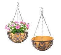 Sungmor 2 Pack Cast Iron Hanging Baskets with Fabric Liner, Rustic Brown Metal Hanging Planters for Outdoor Plants, 10.8 inch Round Flower Basket with Chain, Decorative Plant Holders for Garden Patio
