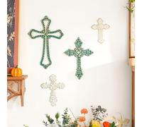 Sungmor 4PC Heavy & Sturdy Embossed Cast Iron Cross Decor, Beautiful Vintage Decorative Hanging Crosses Display, Distressed White & Green Religious Wall Sculptures Metal Wall Arts Crosses