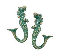 Sungmor Set of 2 Cast Iron Mermaid Wall Hooks, Vintage Rustic Wall Key Coat Hanger, Beach Nautical Theme Bathroom Decorative Towel Hooks, Antique Green Mermaid Wall Decor