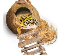 SunGrow Leopard Gecko Coconut Husk Hut with Ladder and Coco Fiber Bedding, with Shell Opening, 2.5” Opening Diameter, Cave Habitat with Hanging Loop, 1.5 oz Fiber Bedding