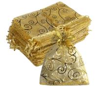 SUNGULF 100pcs Flower Vine Design Organza Bags, Drawstring Mesh Pouch Packaging for Wedding Favor Party Jewelry Candy Gift Bag (Gold Gold, 3x4 Inch (Pack of 100))