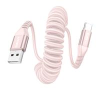 SUNGUY Coiled USB C Cable, 1Pack 1.5M【Recommended Stretch Length: 0.4-1M】 USB to USB-C Cable and Data-Cable for Android Auto, CarPlay, iPhone 17/16/15 Series, Galaxy S24 Ultra, Pixel, Xiaomi - Pink