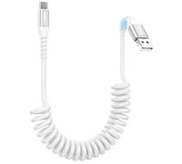SUNGUY Coiled USB C Cable, 1Pack 1.5M【Recommended Stretch Length: 0.4-1M】 USB to USB-C Cable and Data-Cable for Android Auto, CarPlay, iPhone 17/16/15 Series, Galaxy S24 Ultra, Pixel, Xiaomi - White
