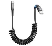 SUNGUY Coiled USB C Cable, 1Pack 1.8M【Recommended Stretch Length: 0.5-1.2M】USB to USB-C Cable and Data-Cable for Android Auto, CarPlay, iPhone 17/16/15 Series, Galaxy S24 Ultra, Pixel, Xiaomi - Black