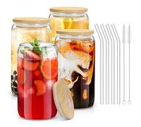 sungwoo 4PCS Glass Cups with Bamboo Lids and Straws, 16OZ Ice Coffee Cup, Drinking Cup set with Wooden Lids, Home Essential Glass Tumblers for Beer, Cocktail, Tea and Latte Clear