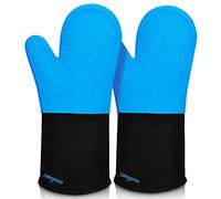 sungwoo Extra Long Silicone Oven Mitts, Heat Resistant Oven Gloves with Quilted Liner Non-Slip Textured Grip Perfect for BBQ, Baking, Cooking and Grilling - 1 Pair 14.6 Inch Blue & Black