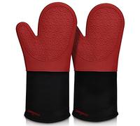 sungwoo Extra Long Silicone Oven Mitts, Heat Resistant Oven Gloves with Quilted Liner Non-Slip Textured Grip Perfect for BBQ, Baking, Cooking and Grilling - 1 Pair 14.6 Inch Red & Black
