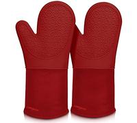 sungwoo Extra Long Silicone Oven Mitts, Heat Resistant Oven Gloves with Quilted Liner Non-Slip Textured Grip Perfect for BBQ, Baking, Cooking and Grilling - 1 Pair 14.6 Inch Empire Red