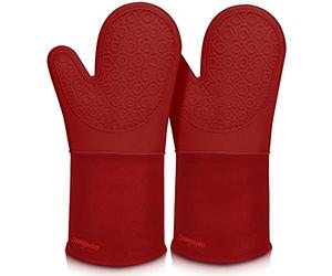 sungwoo Extra Long Silicone Oven Mitts, Heat Resistant Oven Gloves with Quilted Liner Non-Slip Textured Grip Perfect for BBQ, Baking, Cooking and Grilling - 1 Pair 14.6 Inch Empire Red