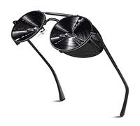 Retro Round Polarized Steampunk Sunglasses Men Women Side Shield Goggles Gothic S92-ADVANCED POLARIZED, Black Frame Black Polarized Lens, M