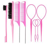 Sunjiyan 8Pcs Hair Brushes Set with 4Pcs Topsy Hair Tail Tools 1Pcs Bristle Teasing Hair Brush 1Pcs Edge Control Brush 2Pcs Metal Pin Rat Tail Combs for Woman Girl Hair Styling,Edge&Back Brushing Pink