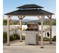 Sunjoy 2.7M X 2.1M Grill Gazebo, Wood Frame Hardtop Gazebo With Shelves Brown Roof