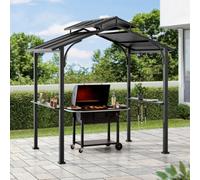 Sunjoy Hanscom 2.4X1.5 M Brown Steel Frame Double Tiered Hardtop Grill Gazebo With Ceiling Hook And Shelves