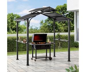 Sunjoy Hanscom 2.4X1.5 M Brown Steel Frame Double Tiered Hardtop Grill Gazebo With Ceiling Hook And Shelves