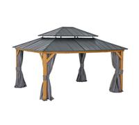Sunjoy Outdoor Cedar Wood Gazebo Trivor 450Cm X 390Cm W/ Netting & Curtain, Anthracite