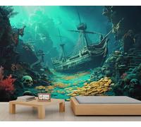 Sunken Ship Wallpaper Under The Sea Pirate Shipwreck Bedroom Wallpaper Underwater Skeleton Wall Murals for Living Room Rocks and Coral Reefs Wall Paper Mural for Living Room Bedroom 150X105cm
